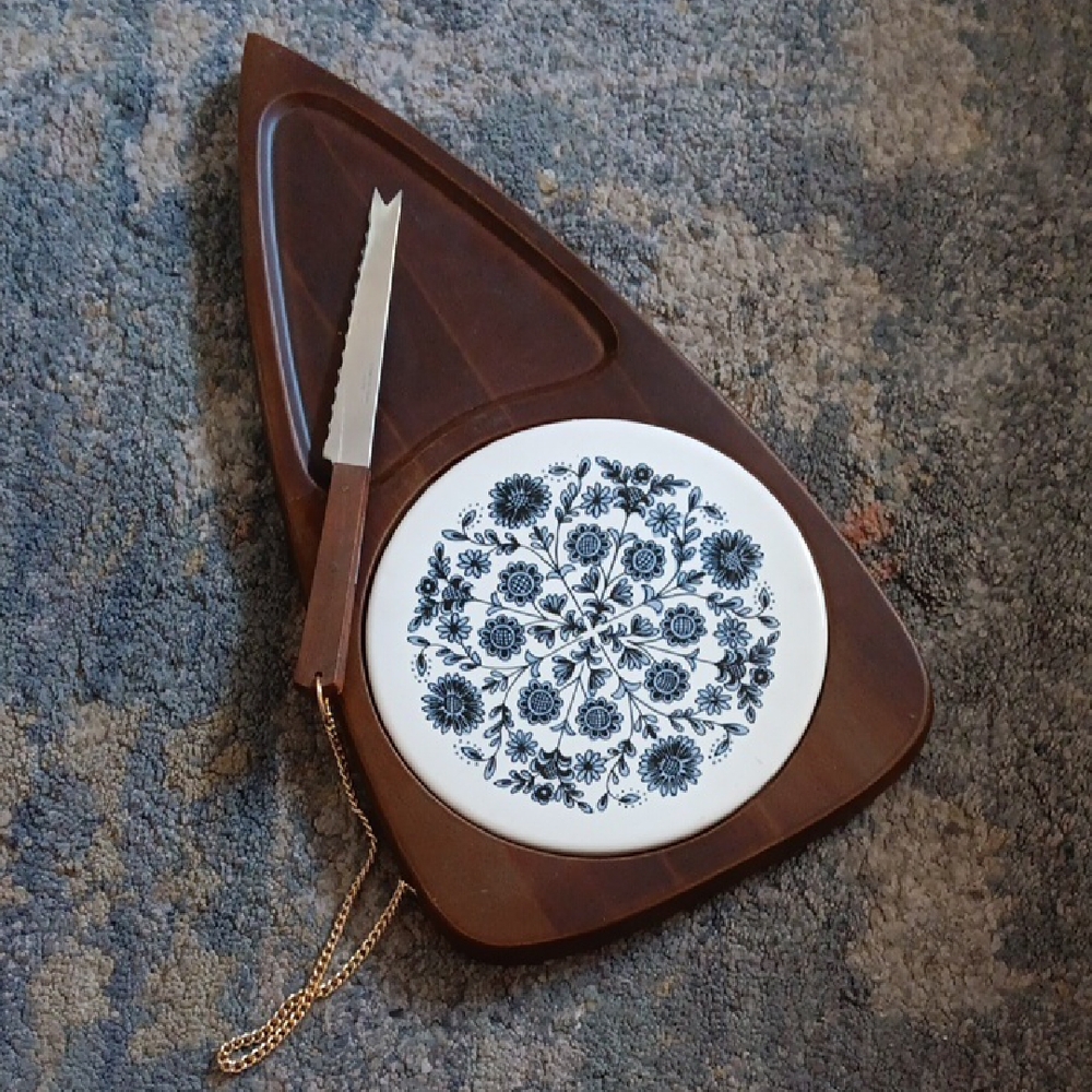 Mid Century Cheese Board With Chained Knife